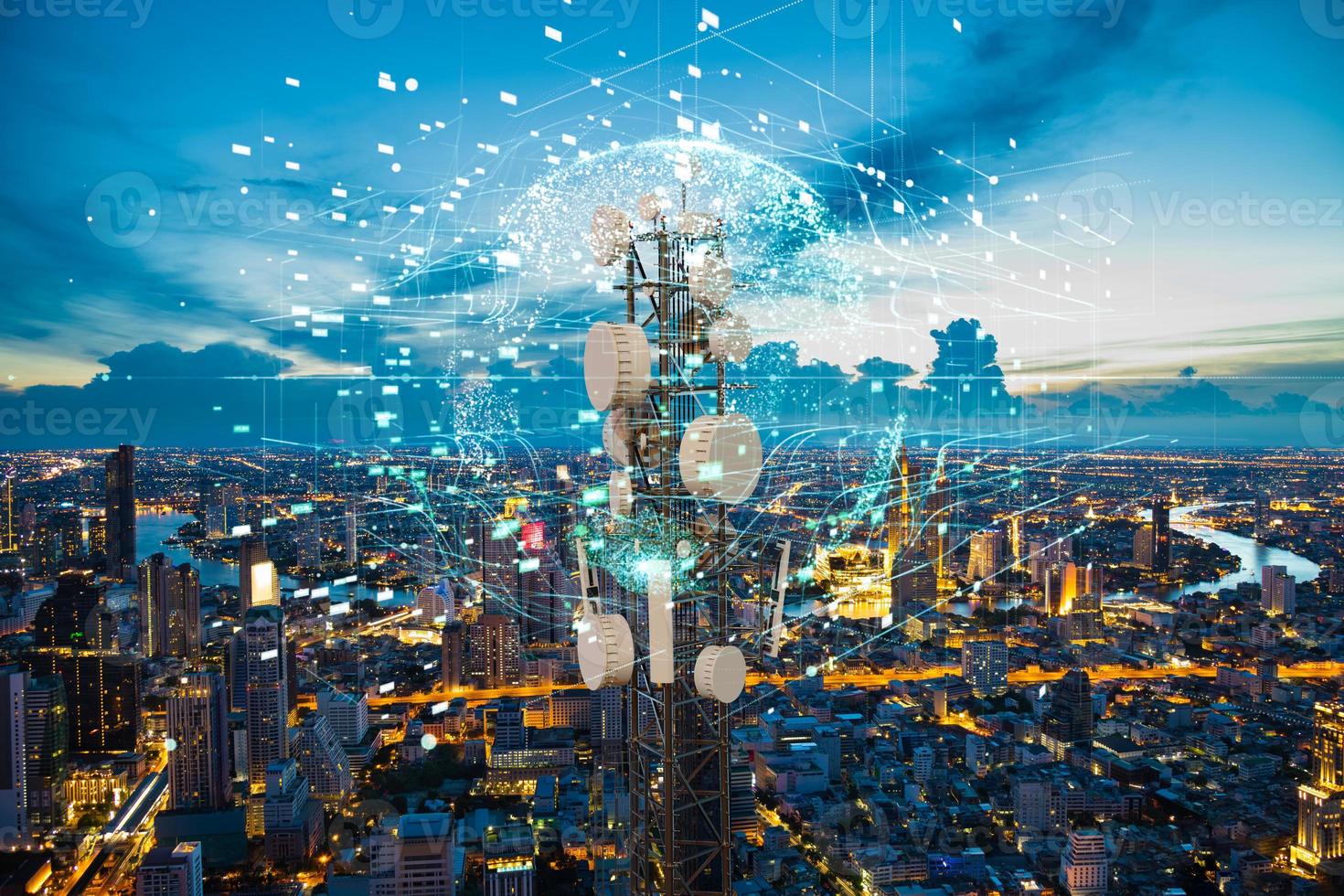 Telecommunication tower with 5G cellular network antenna on night city background, Global connection and internet network concept photo