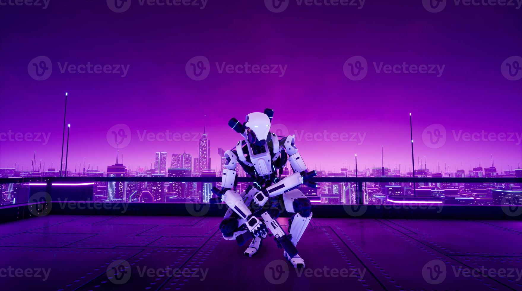 Cyberpunk robot squatting on rooftop of metaverse building, 3d render photo