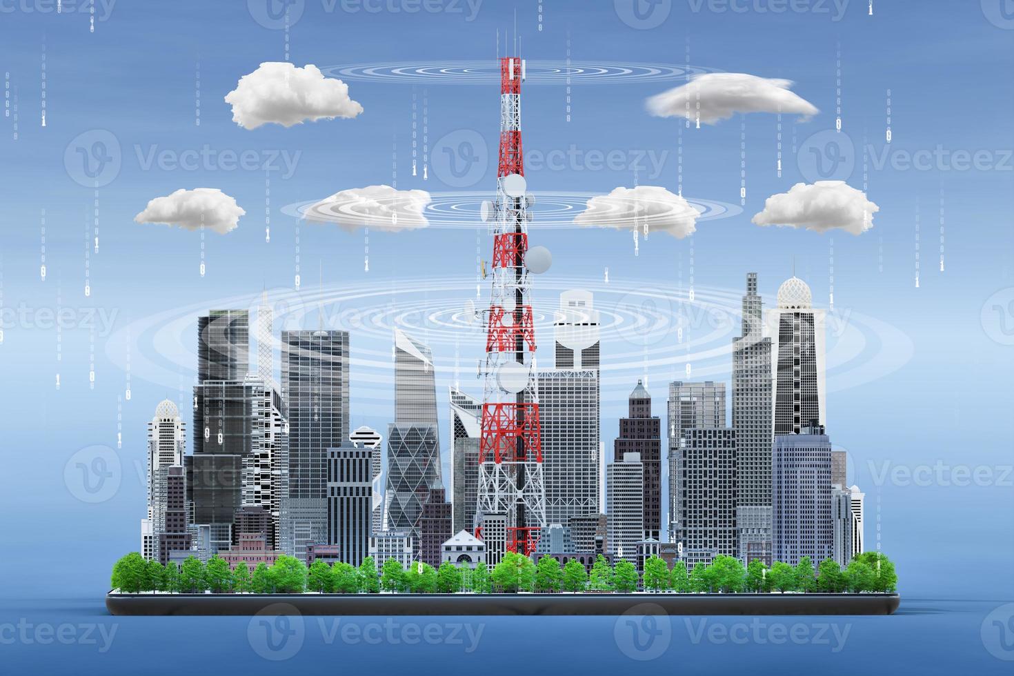 Smart city on digital tablet with 5G telecommunication tower antenna, Technology storage cloud big data concept, 3d render photo