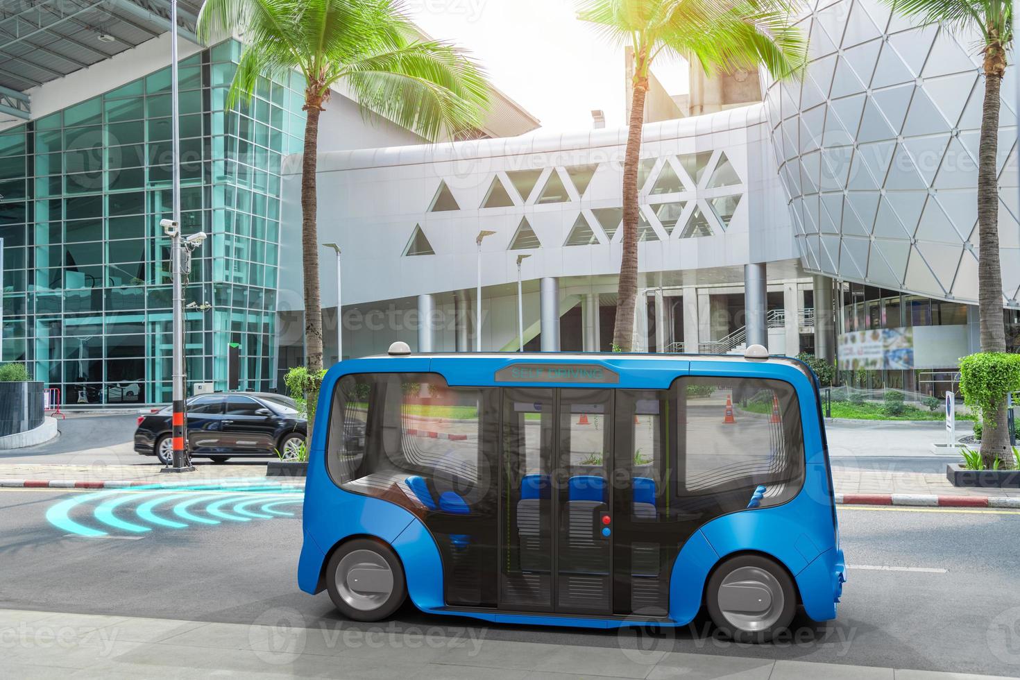 Autonomous electric bus self driving on street, Smart vehicle technology concept, 3d render photo