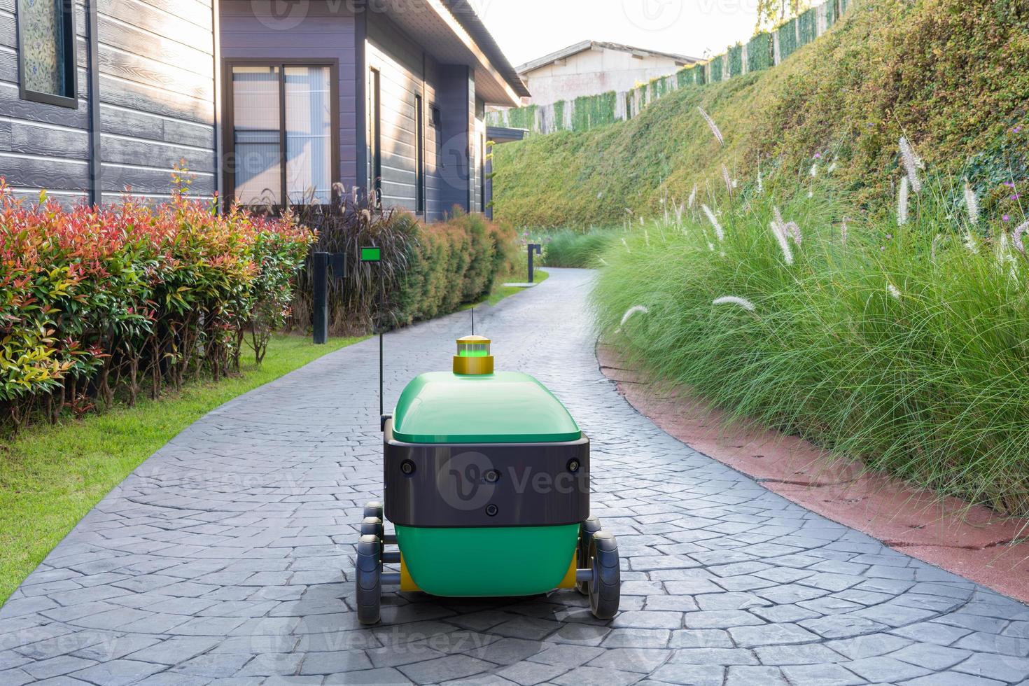 Autonomous robots deliver food to customers, Smart artificial intelligence technology concept photo