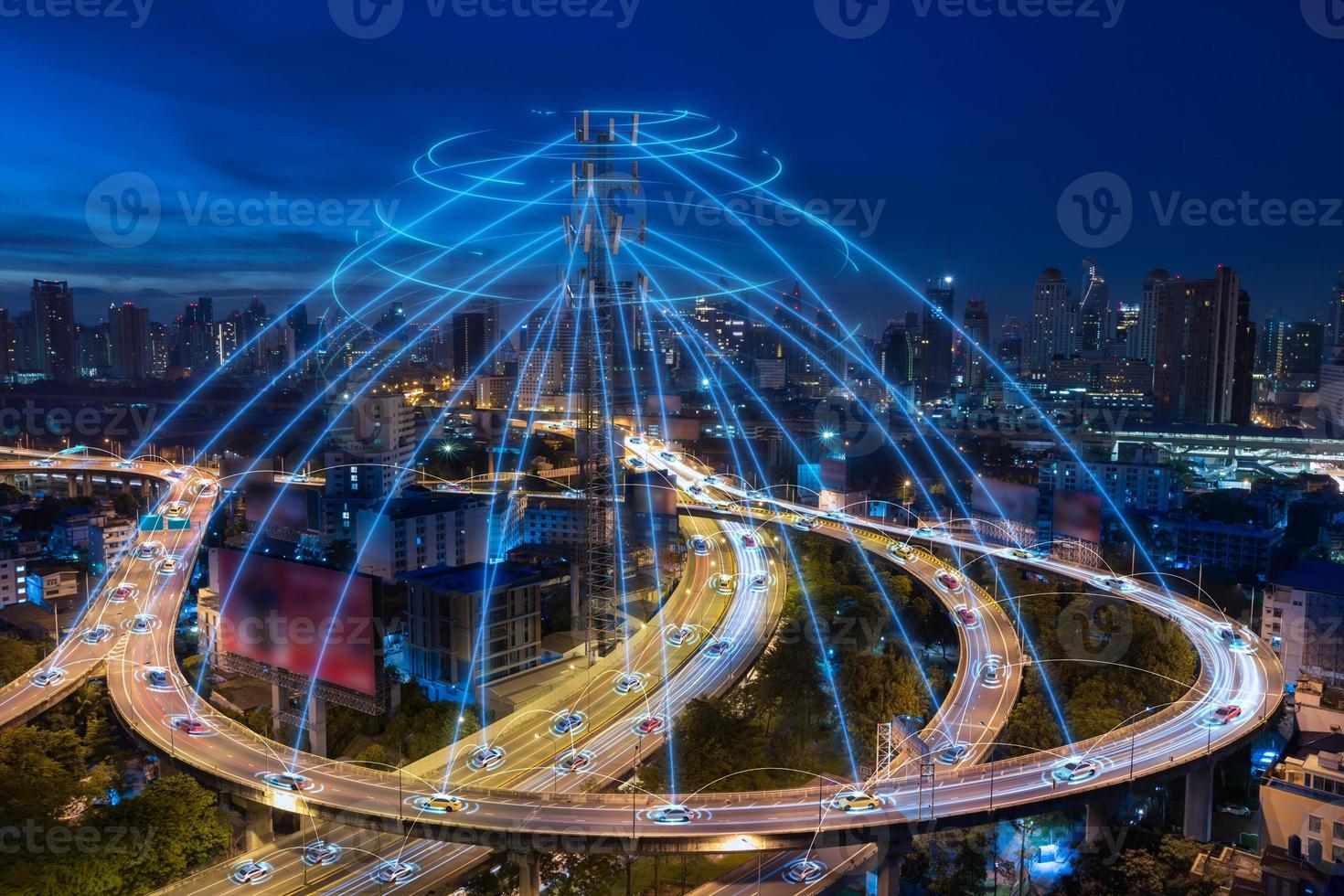 Smart cars with automatic sensor driving on metropolis with wireless connection photo