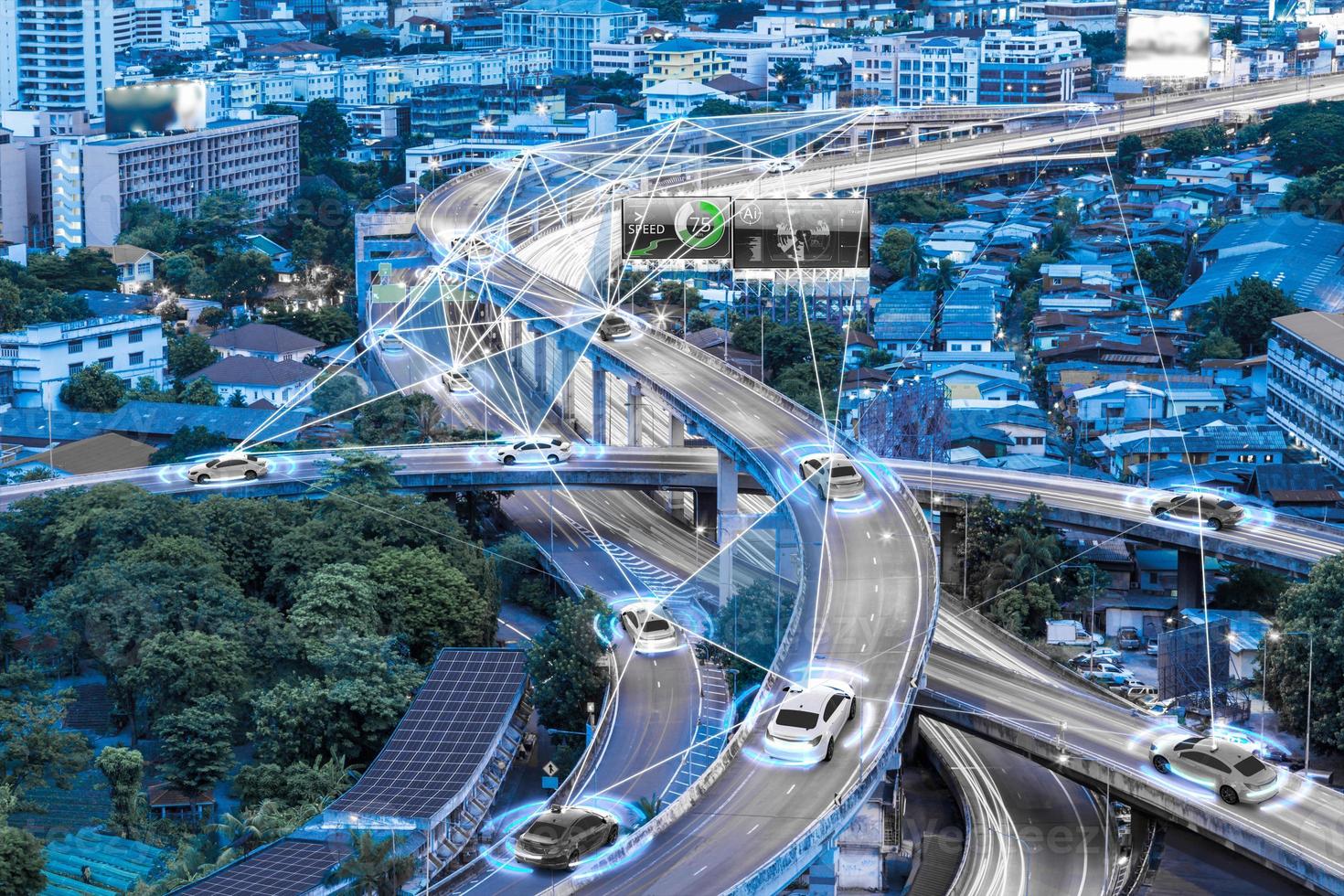 Smart cars with automatic sensor driving on metropolis with wireless connection photo
