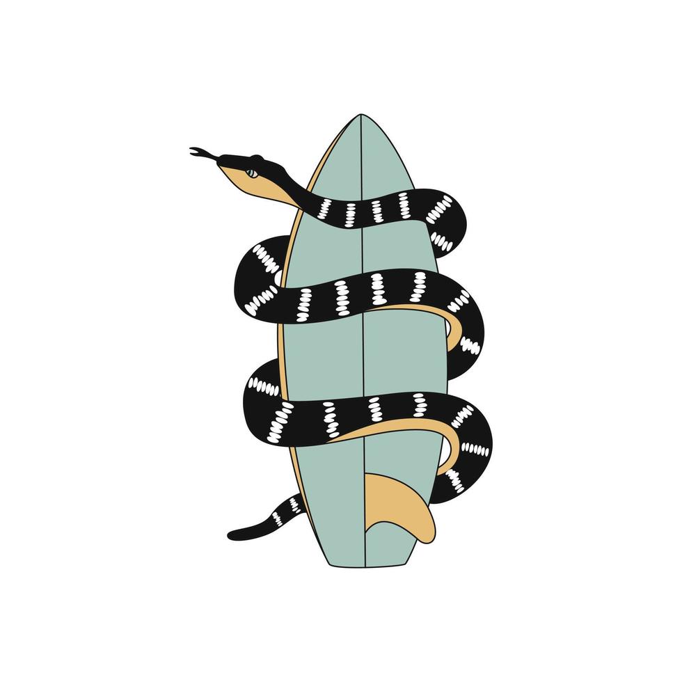 serpiente alrededor de una tabla de surf. vector dibujado a mano. concepto de surf.