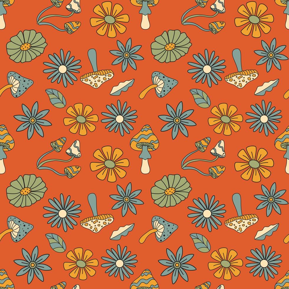 Seamless Pattern With Doodle Style Flowers And Mushrooms. Hippie Print Concept. vector