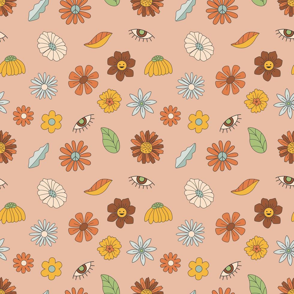 Seamless Pattern With Flowers, Hippie Concept. Hand Drawn Flat Vector Illustration.