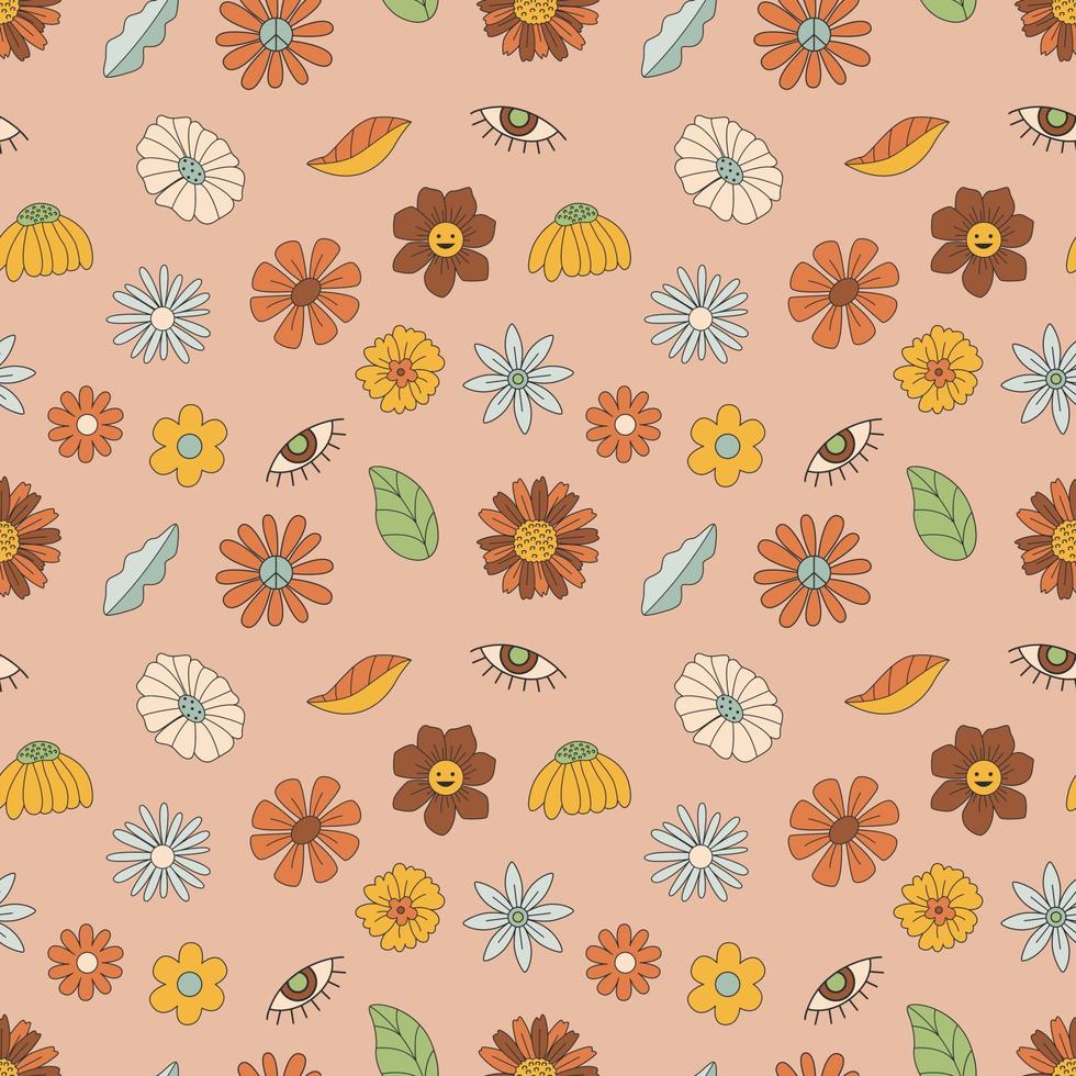 Seamless Pattern With Flowers, Hippie Concept. Hand Drawn Flat Vector Illustration.