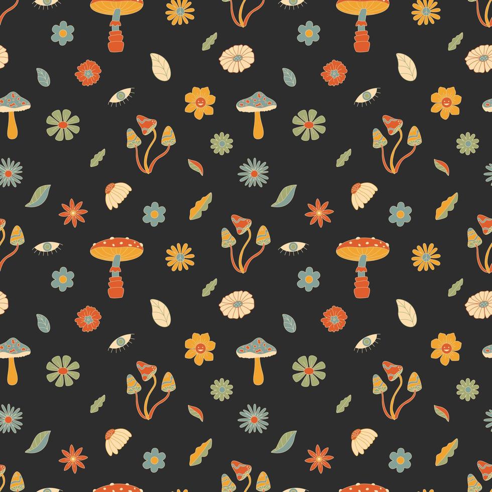 Seamless Pattern With Mushrooms And Flowers, Hippie Concept. Hand Drawn Flat Vector Illustration.