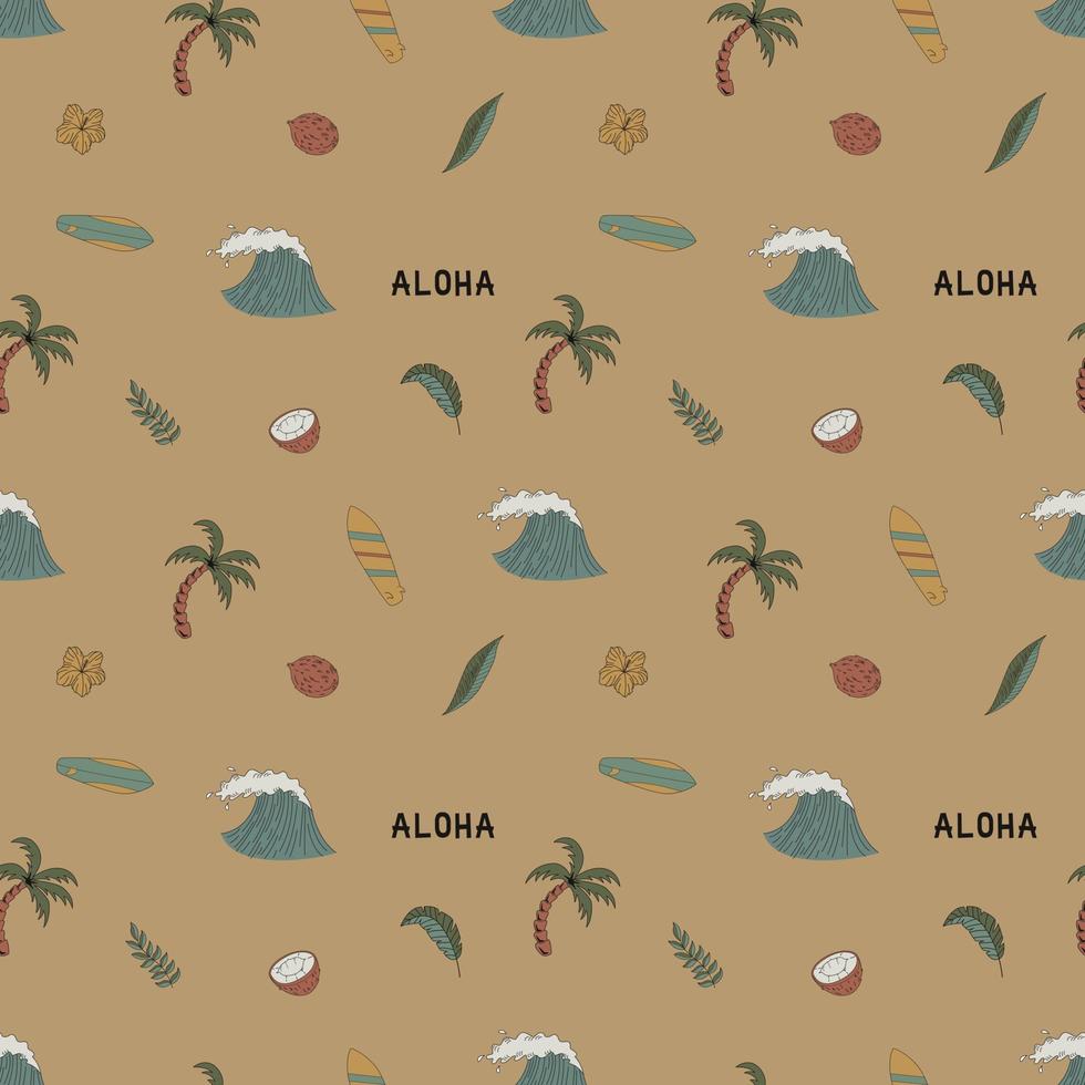 Seamless Pattern With Elements For Surfing. Palm Trees, Waves And Surf Boards In The Doodle Style. Print For Textiles, Clothing, Packaging Paper. vector