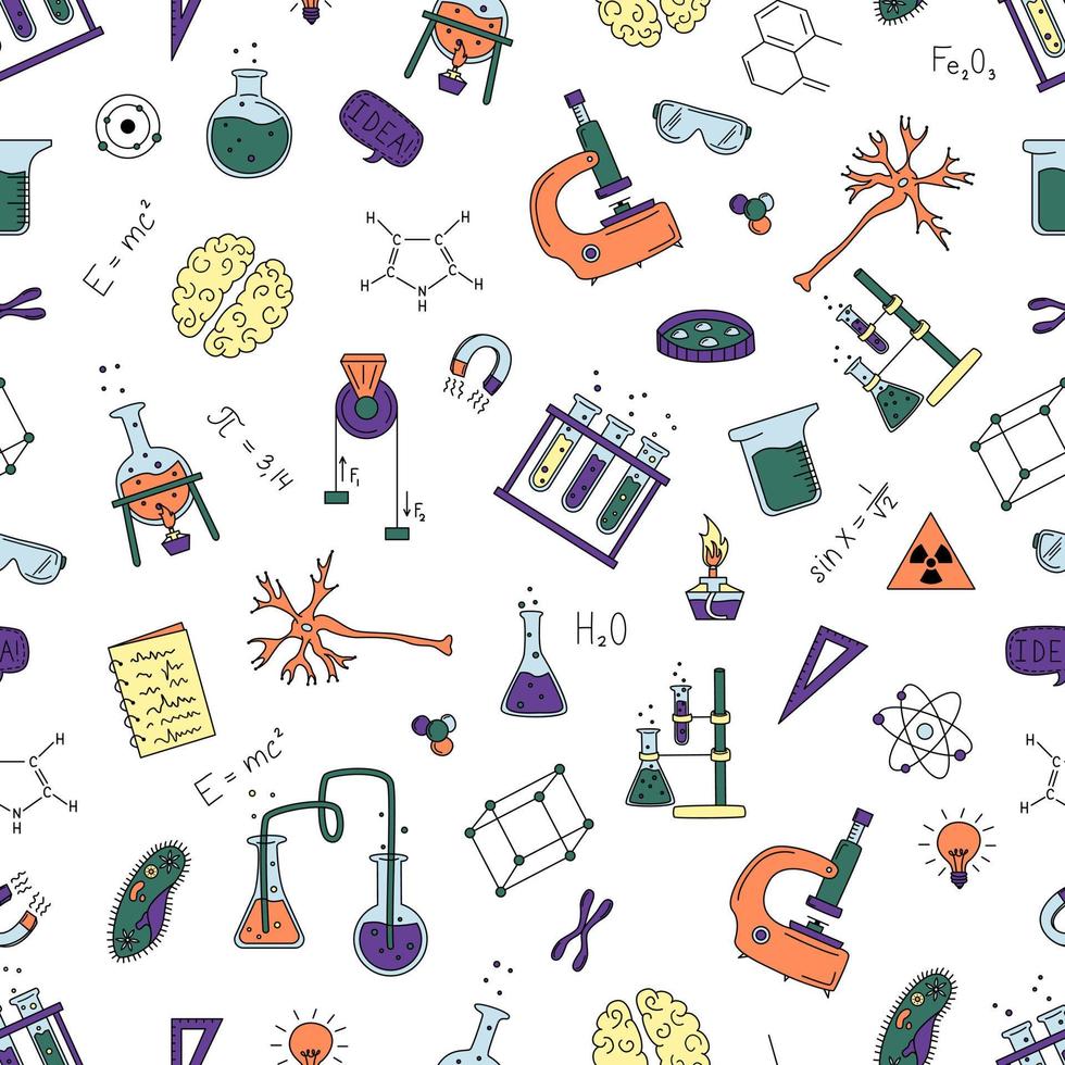 Seamless Pattern With Hand Drawn Scientific Elements. Flasks, Formulas, Microscope And More. vector