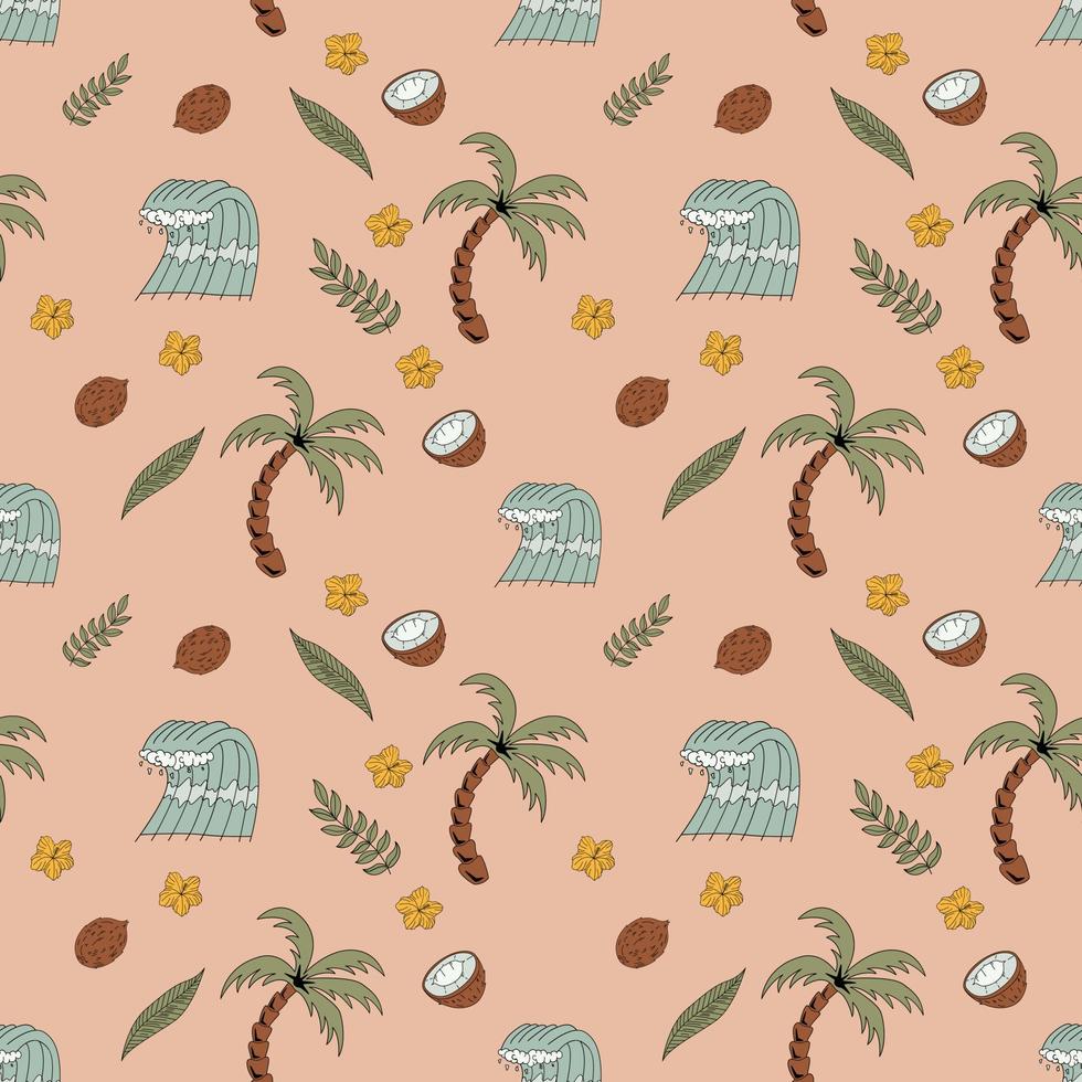 Seamless Pattern With Elements For Surfing. Palm Trees, Waves And Surf Boards In The Doodle Style. vector