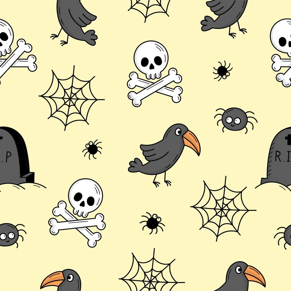 Seamless pattern with elements for Halloween. Mystical scary objects. Cats, pumpkins, ghosts, potion. Doodle style illustration vector