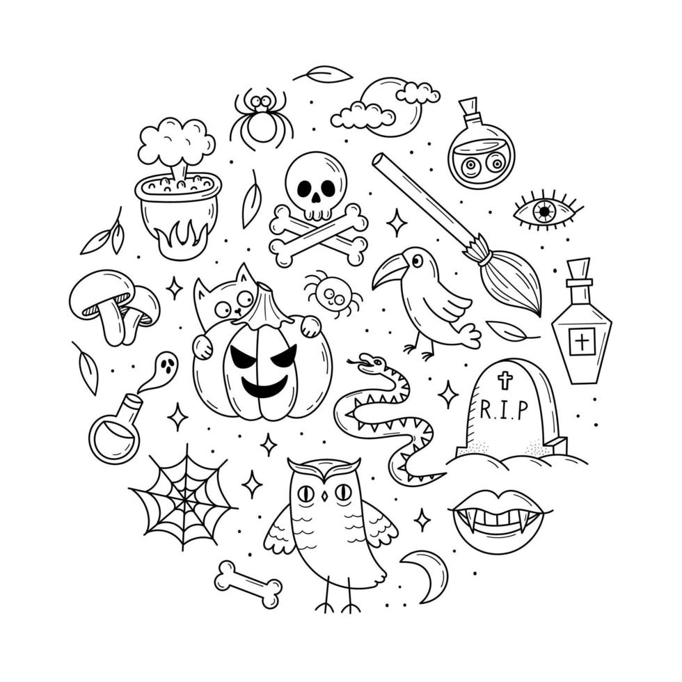 Set of elements for Halloween. Mystical scary objects. Cats, pumpkins, ghosts, potion. Doodle style illustration vector