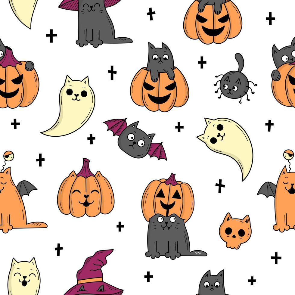 Seamless pattern with elements for Halloween. Mystical scary objects. Cats, pumpkins, ghosts, potion. Doodle style illustration vector