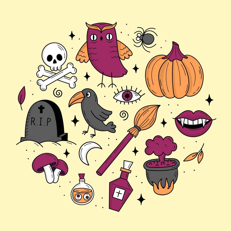 Set of elements for Halloween. Mystical scary objects. Cats, pumpkins, ghosts, potion. Doodle style illustration vector