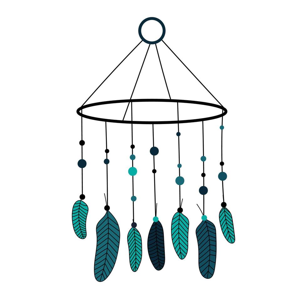 Dreamcatcher with bird feathers with beads. Traditional American Indian amulet for insomnia. Home decor. Vector illustration