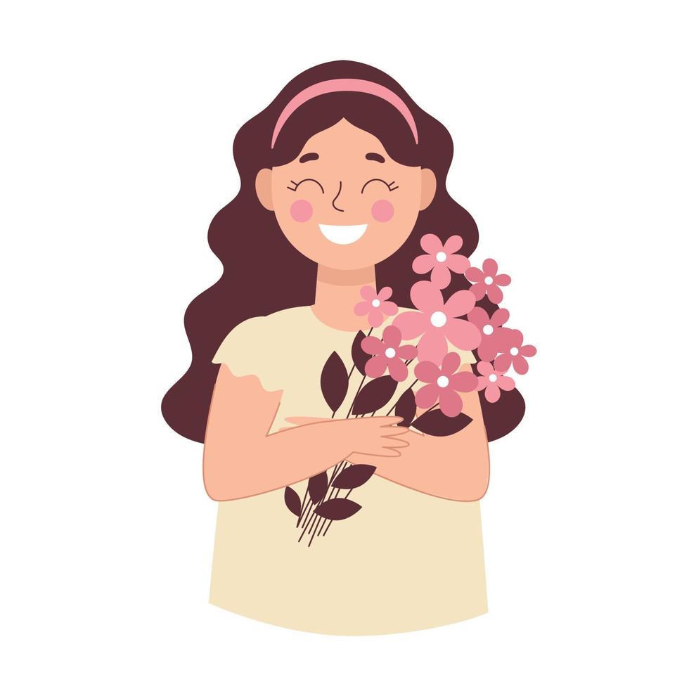 Little girl with a bouquet of flowers. Greeting card for international women's day, birthday. Vector illustration with people