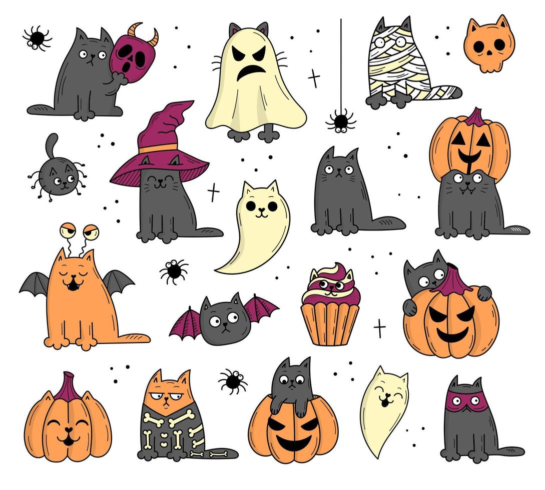 Set of elements with cats for Halloween. Mystical scary objects. Cats, pumpkins, ghosts, potion. Doodle style illustration vector