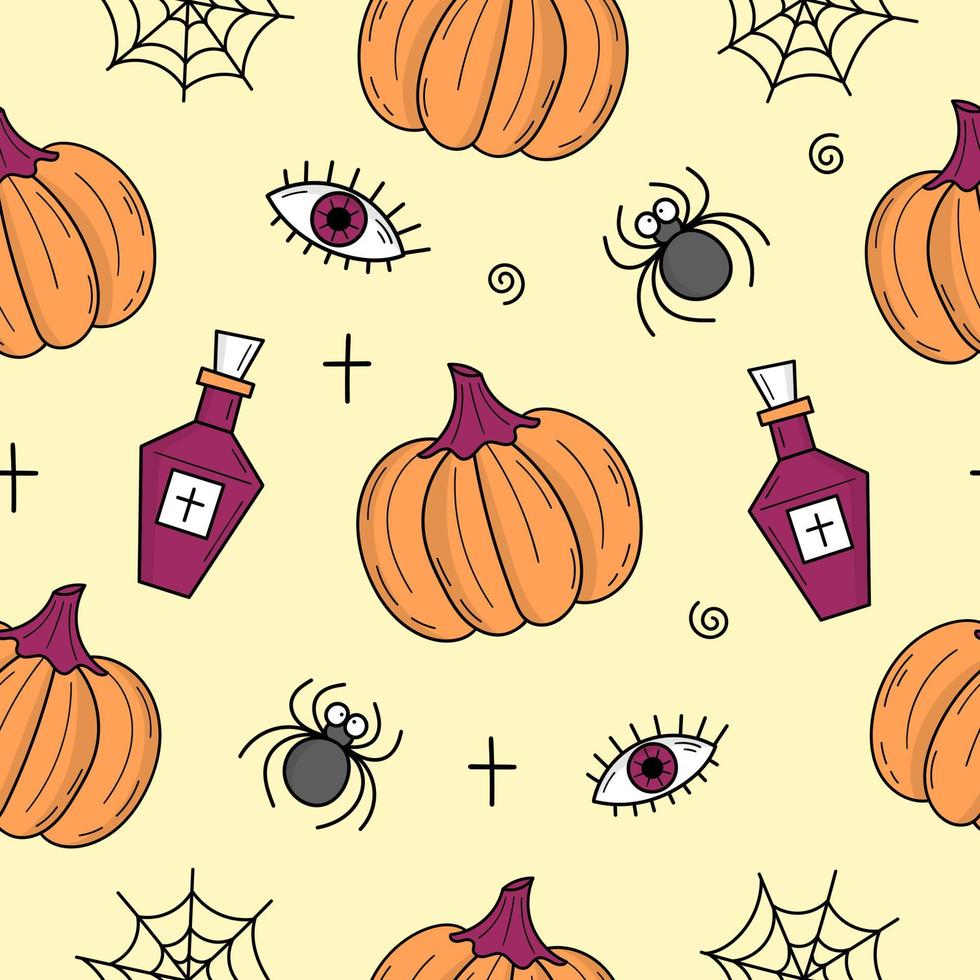 Seamless pattern with elements for Halloween. Mystical scary objects. Cats, pumpkins, ghosts, potion. Doodle style illustration vector