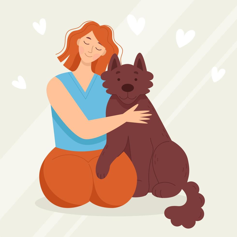 mujer joven sonriente con perro, mascota. amor y amistad con los animales. clínica veterinaria. ilustración vectorial en estilo de dibujos animados vector