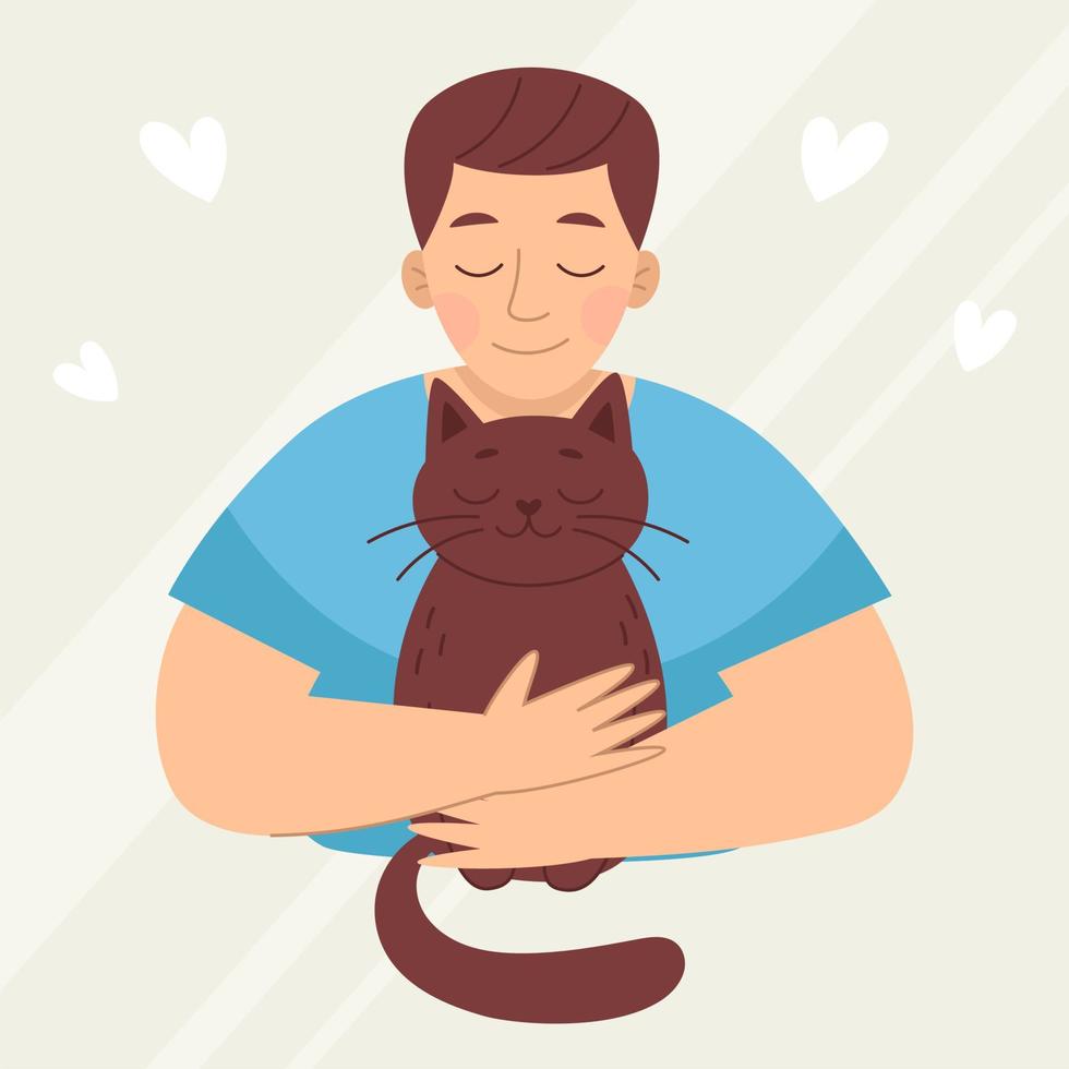 joven sonriente con un gato, mascota. amor y amistad con los animales. clínica veterinaria. ilustración vectorial en estilo de dibujos animados vector