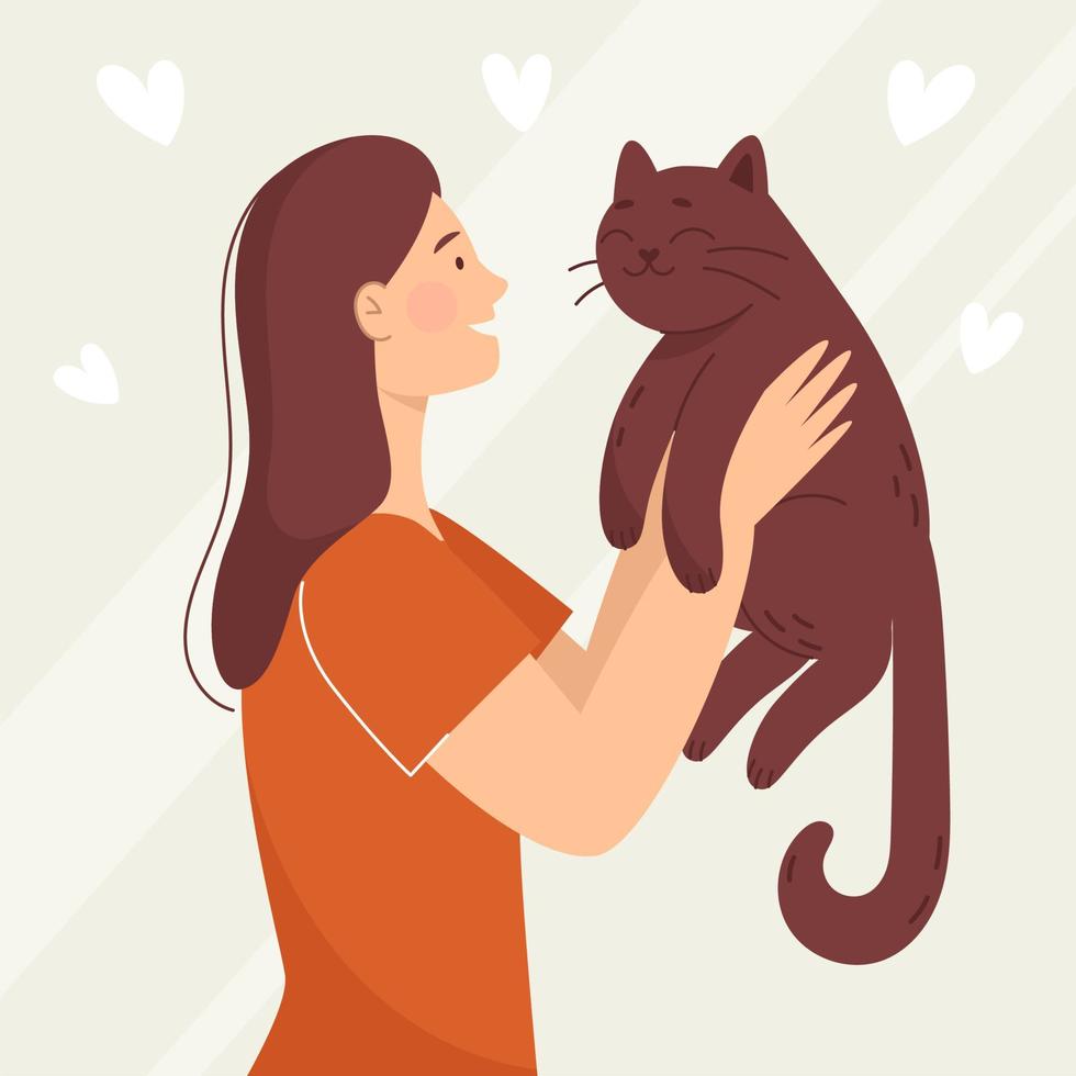 mujer joven sonriente con un gato, mascota. amor y amistad con los animales. clínica veterinaria. ilustración vectorial en estilo de dibujos animados vector