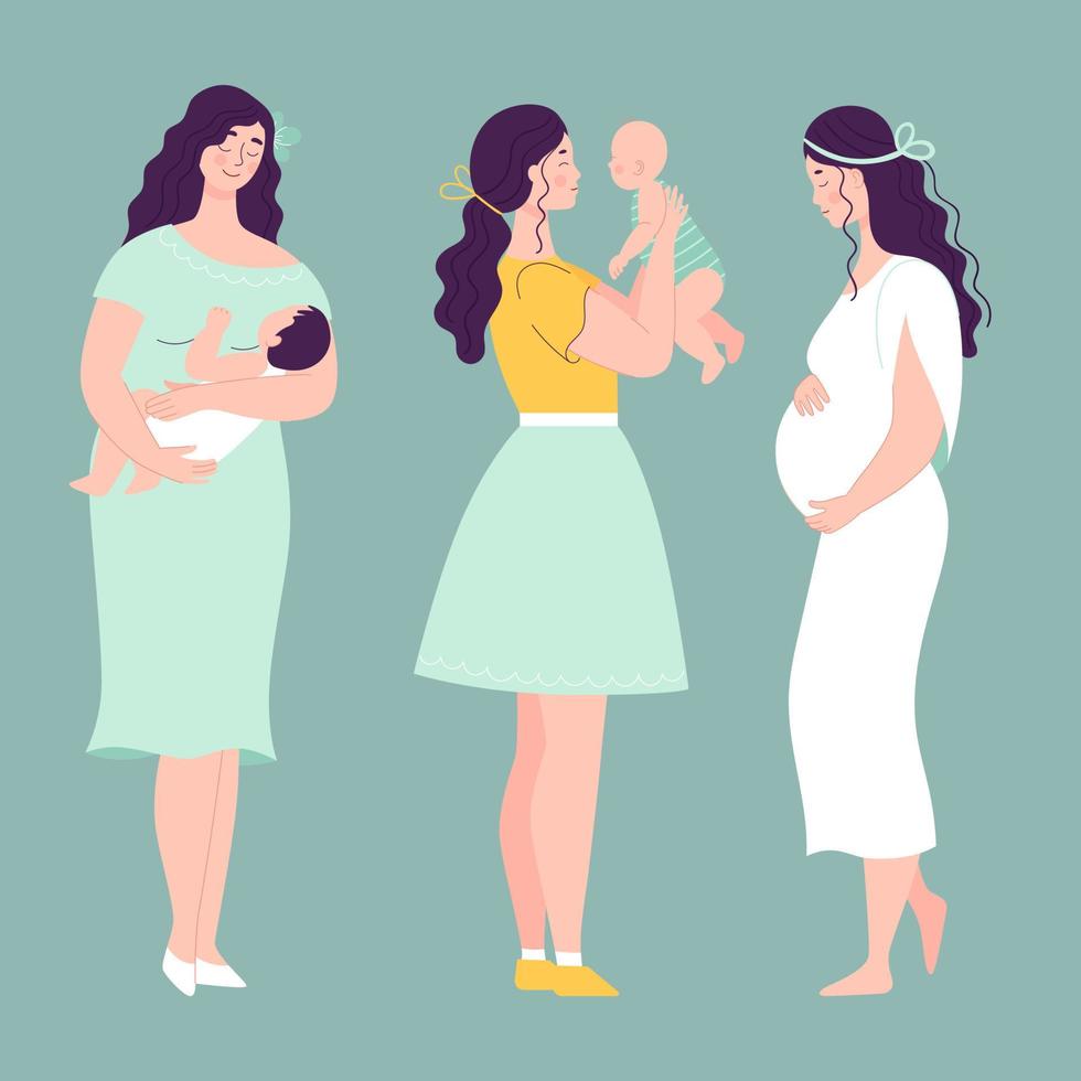 A set of three women with babies and a pregnant woman in full growth. Vector illustration with people