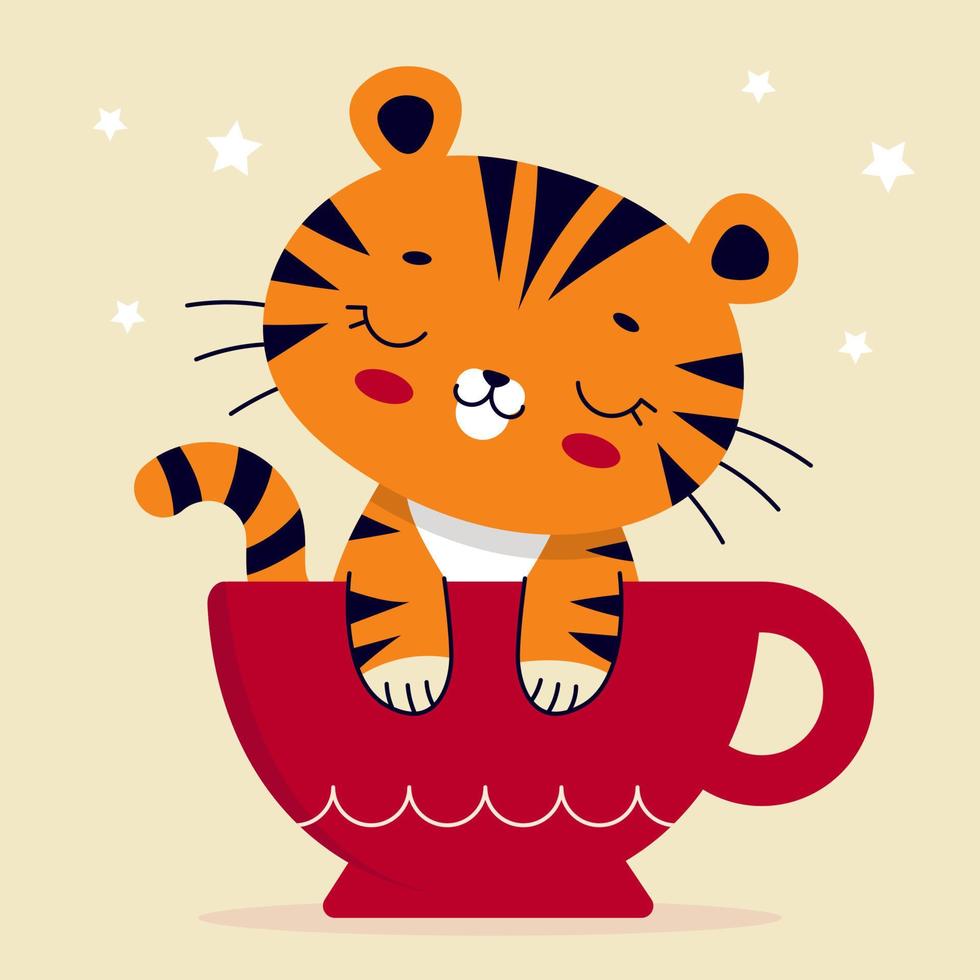 Cute tiger, symbol of the Chinese 2022 new year. Wild animal. Traditional calendar, greeting card. Vector flat cartoon illustration