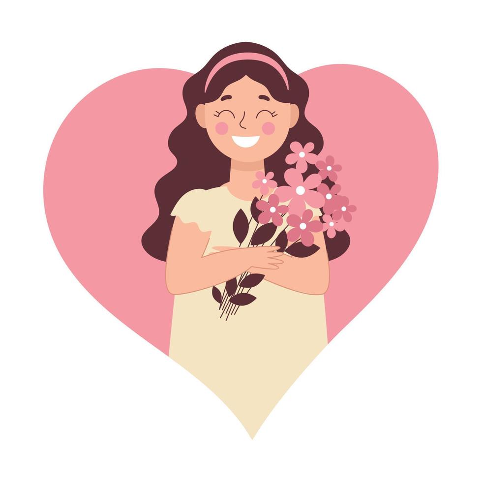 Little girl with a bouquet of flowers. Greeting card for international women's day, birthday. Vector illustration with people