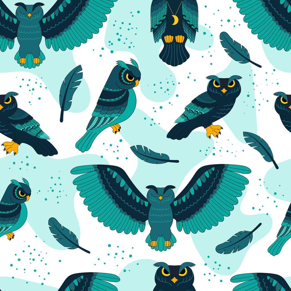 patrón impecable con azul con búhos azules, pájaros salvajes. impresión para textiles y embalaje. ilustración de dibujos animados vectoriales. vector