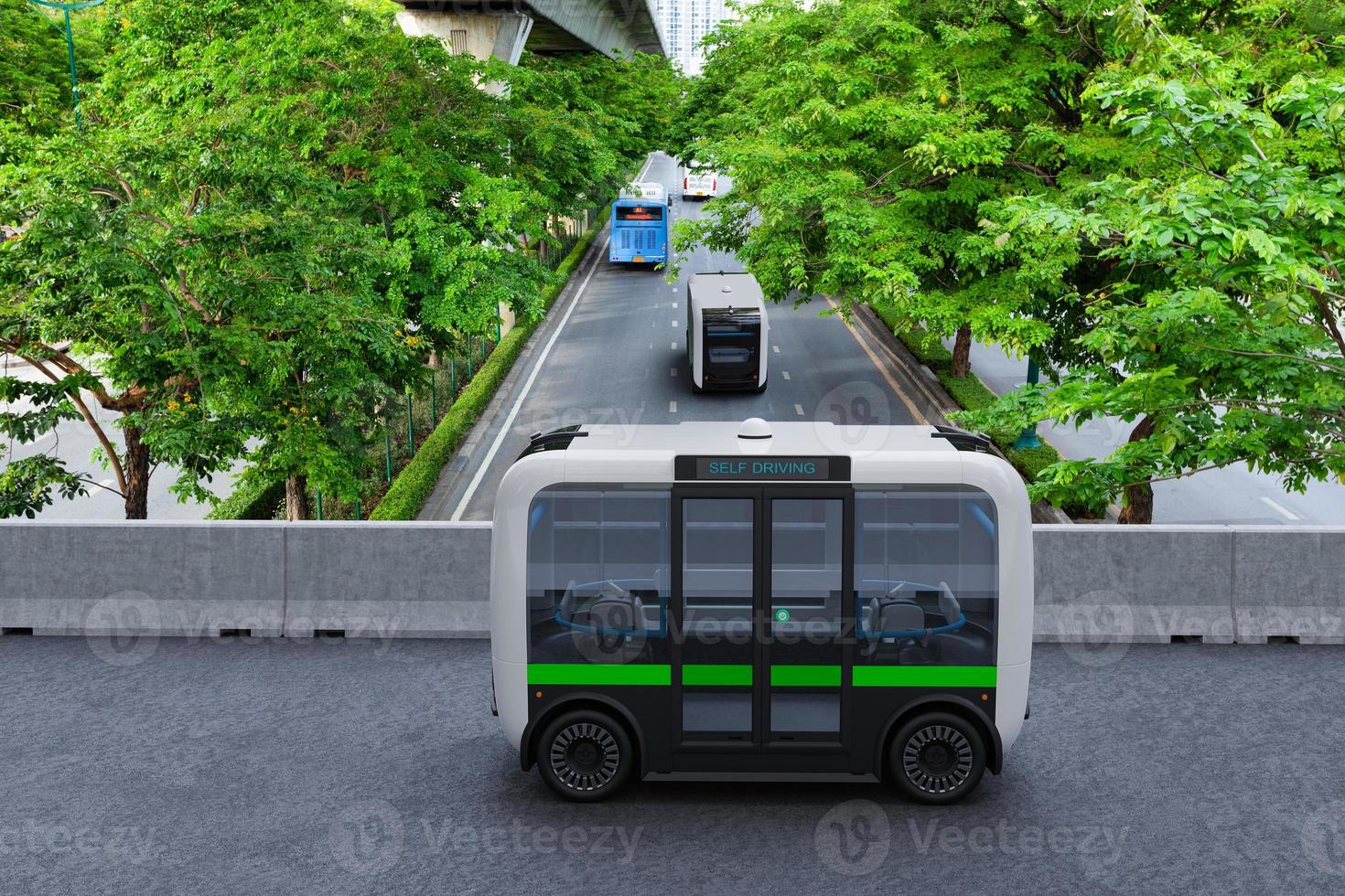 Autonomous electric shuttle bus self driving across city green road, Smart vehicle concept photo