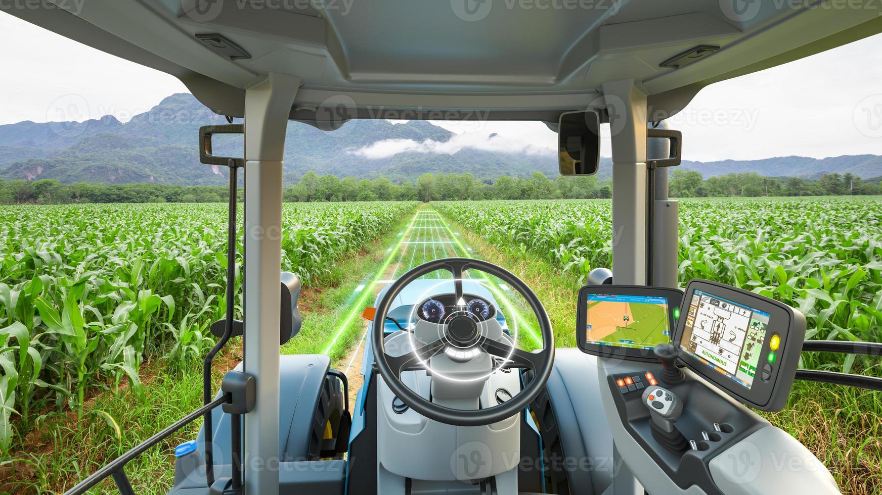 5G autonomous tractor working in corn field, Future technology with smart agriculture farming concept photo