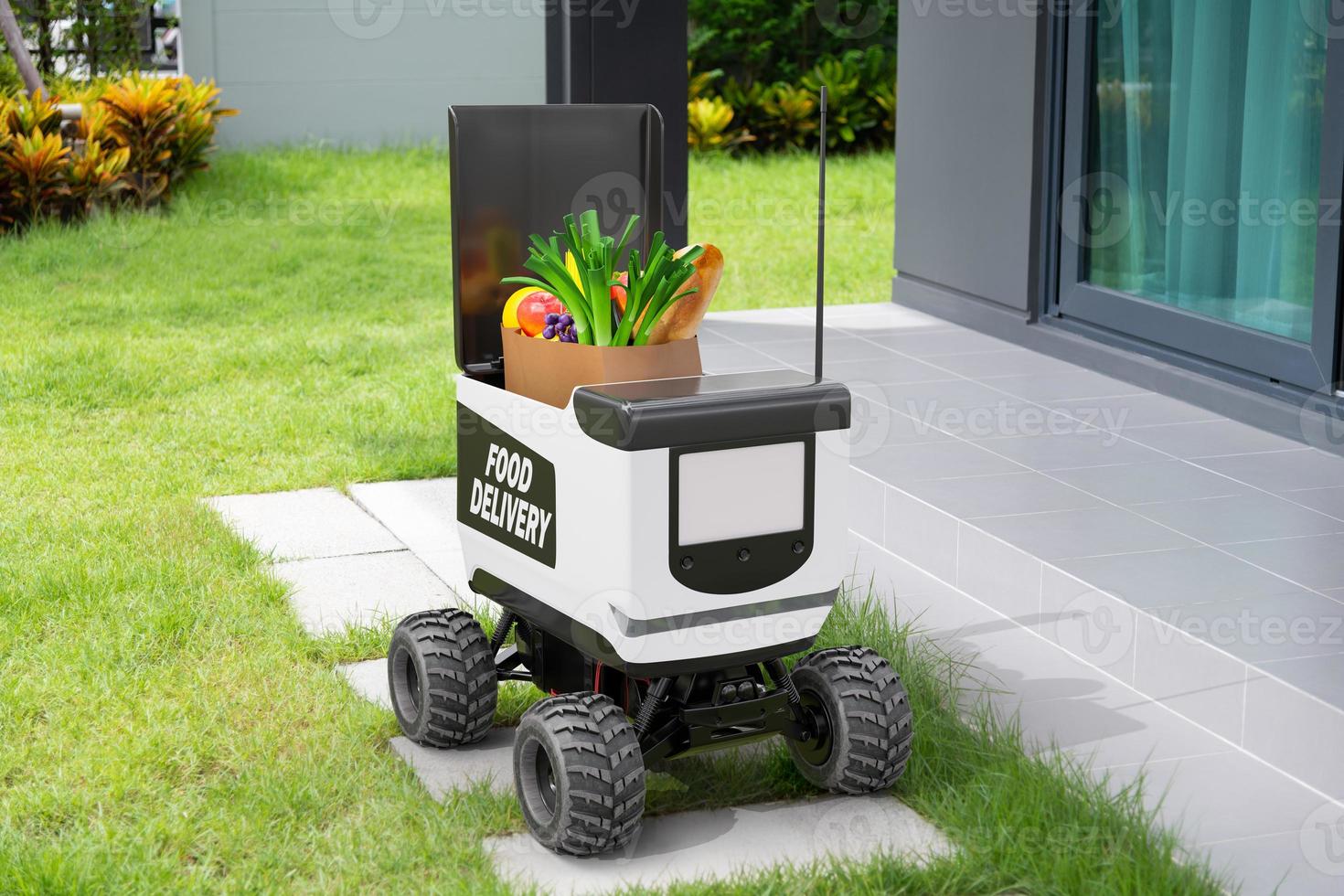 Autonomous robots deliver food to customers, Smart artificial intelligence technology concept photo