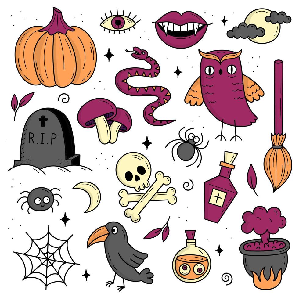 conjunto de elementos para halloween. objetos místicos de miedo. gatos, calabazas, fantasmas, poción. ilustración de estilo garabato vector