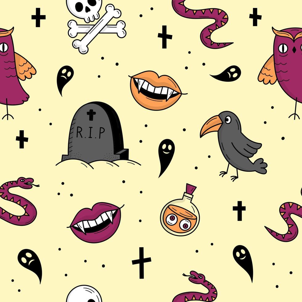 Seamless pattern with elements for Halloween. Mystical scary objects. Cats, pumpkins, ghosts, potion. Doodle style illustration vector