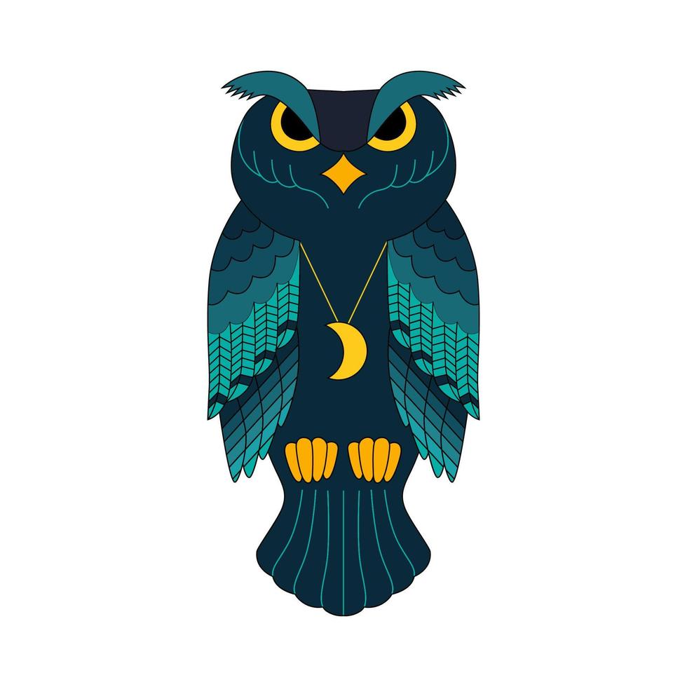 Abstract blue owl for decoration design, wild bird. Isolated icon. Color cartoon vector illustration