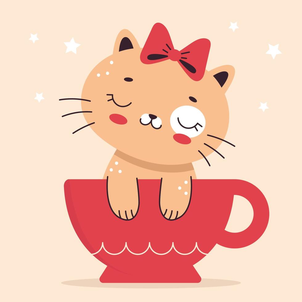 A cute little cat with a bow sits in a cup. Illustration in cartoon flat style. Home pet, kitten. Vector illustration for nursery, print on textiles, cards, clothes.