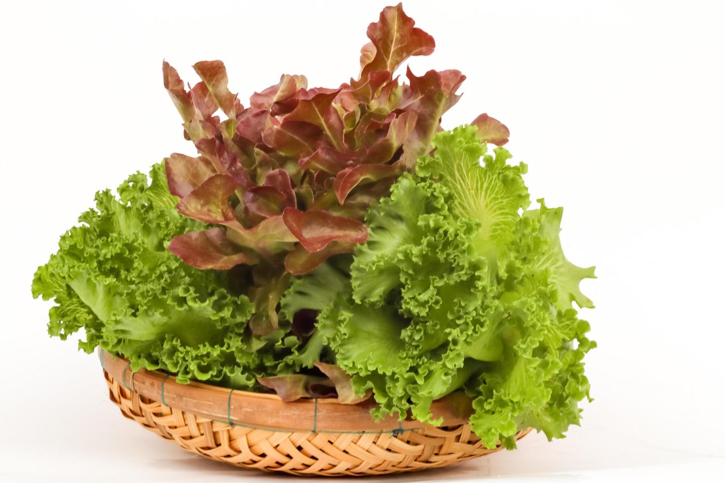 Lettuce, red oak and green chloral on bamboo tray with white background. photo