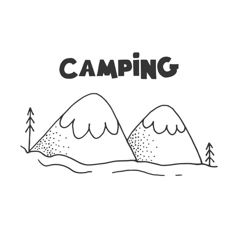 Cute doodle mountains landscape with lettering camping. Vector outline hand drawn illustration.