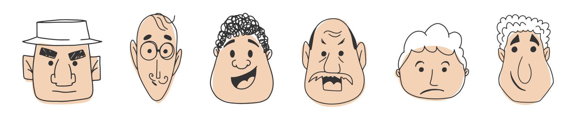 conjunto de garabatos de hombres faciales con diferentes emociones. cliparts vectoriales dibujados a mano aislados en fondo blanco. vector