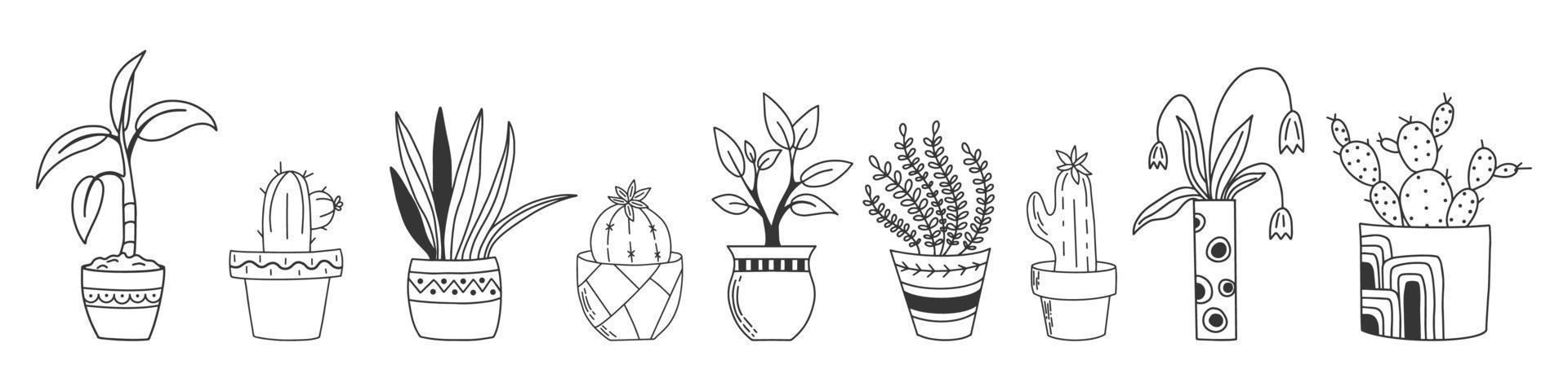 plantas de interior dibujadas a mano aisladas en un fondo blanco. colección de estilo doodle plantas en macetas. clipart vectorial para tienda de plantas, publicación en medios sociales, para álbumes de recortes y más. vector