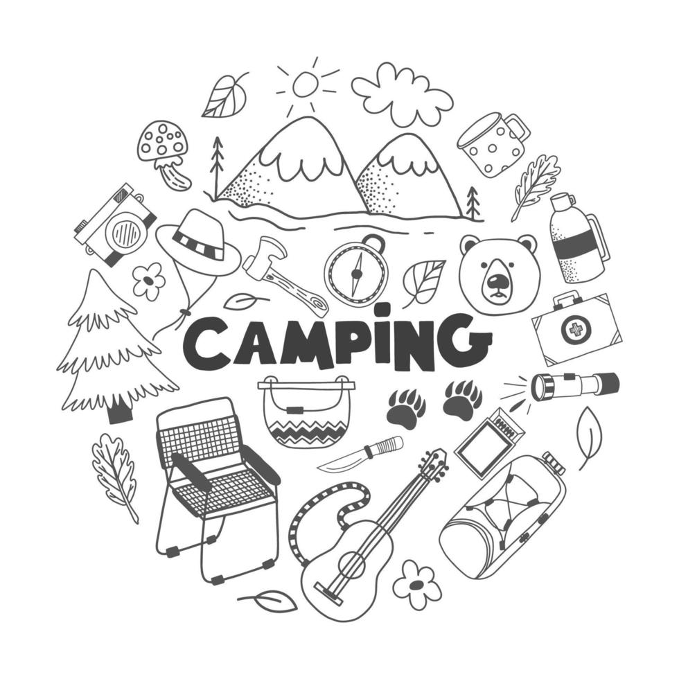 Doodle set with hiking elements arranged in a circle. Vector hand drawn cliparts with adventure, camping and touristic equipment. Outline vector illustration.