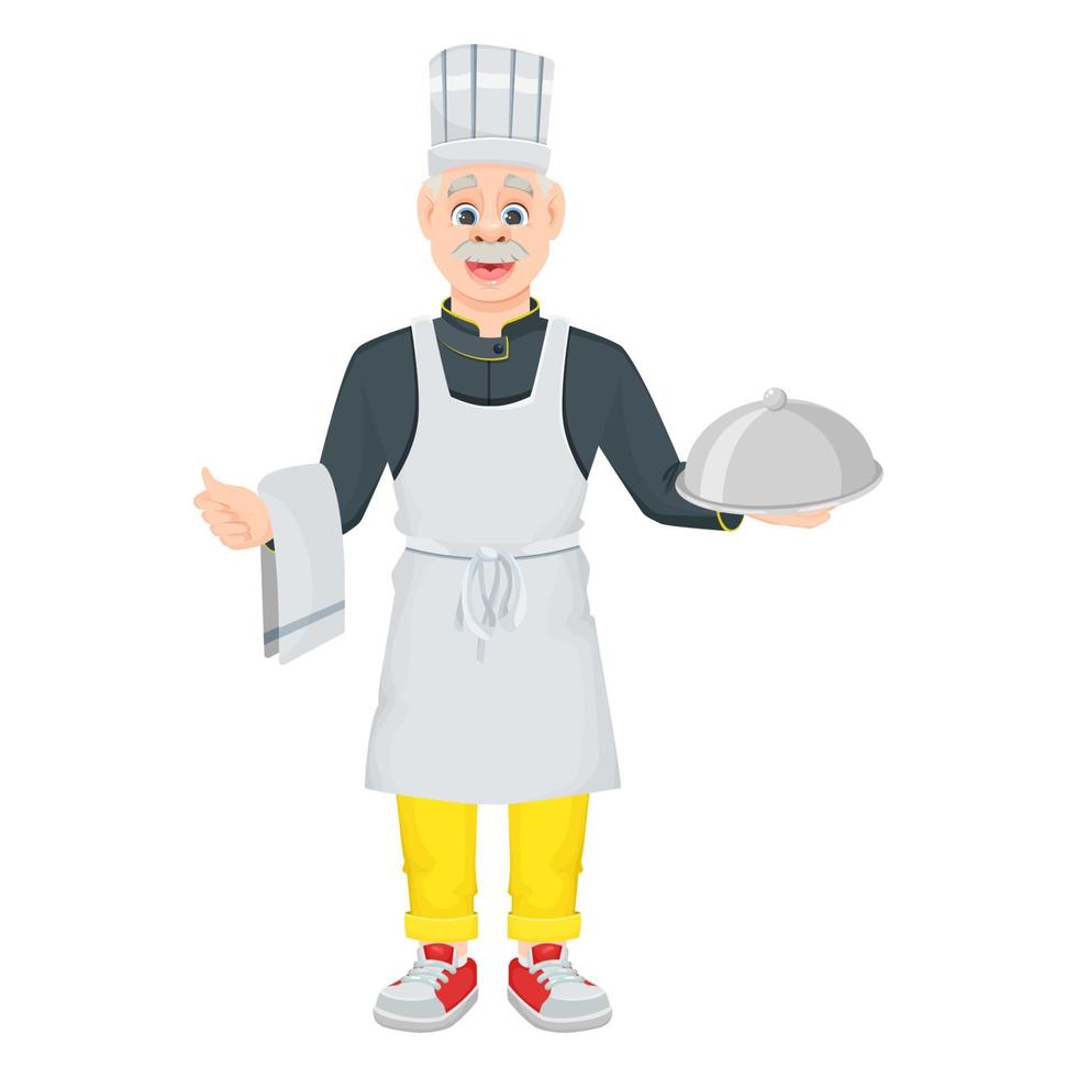 A cartoon cheerful male chef holds a silver dish and a towel. Smiling old chef, highlighted on a white background. Vector illustration for menus, games or banners.