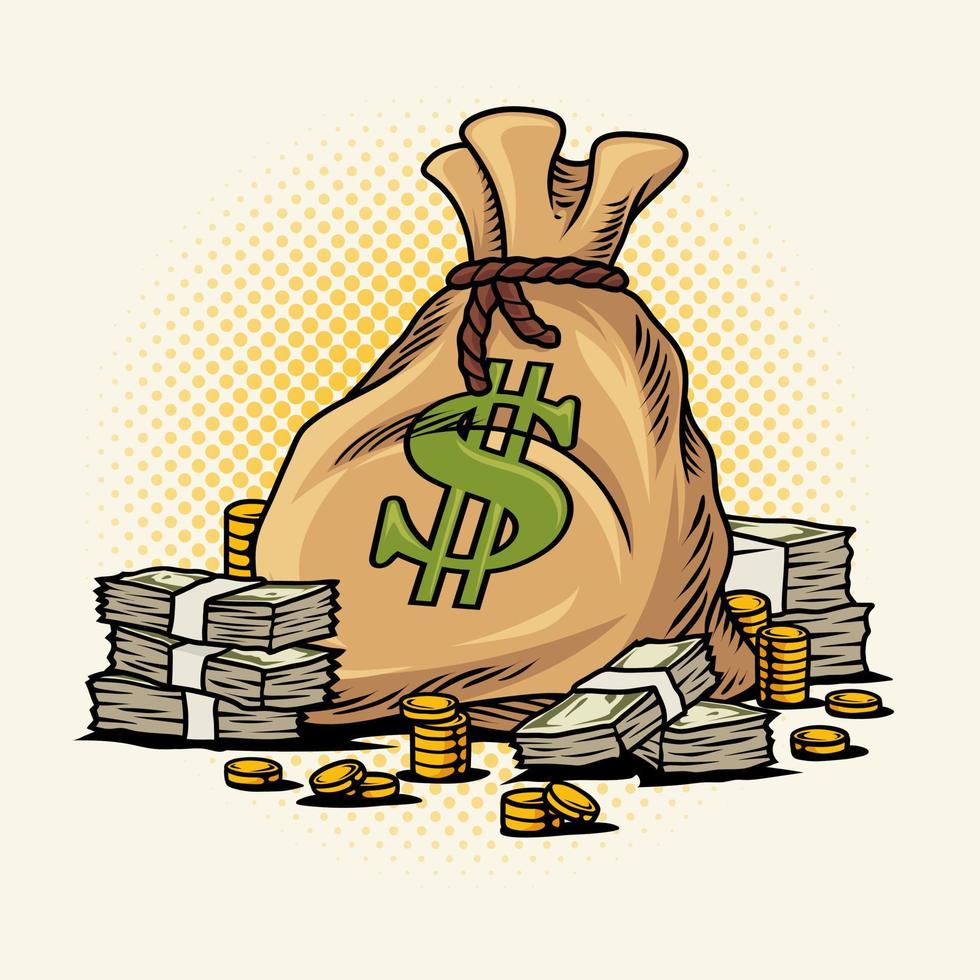 Money bag and stack of gold coin vector