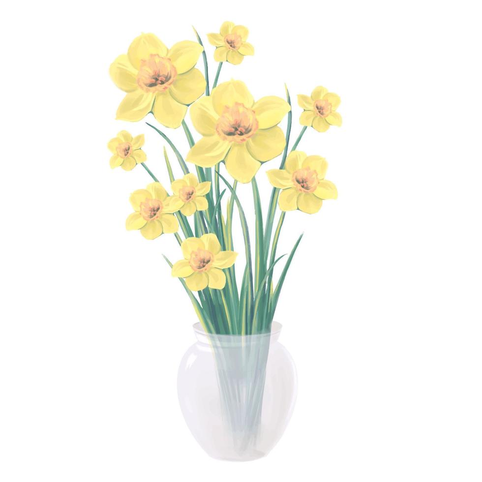 blooming bouquet of yellow daffodil flowers in a glass vase vector illustration