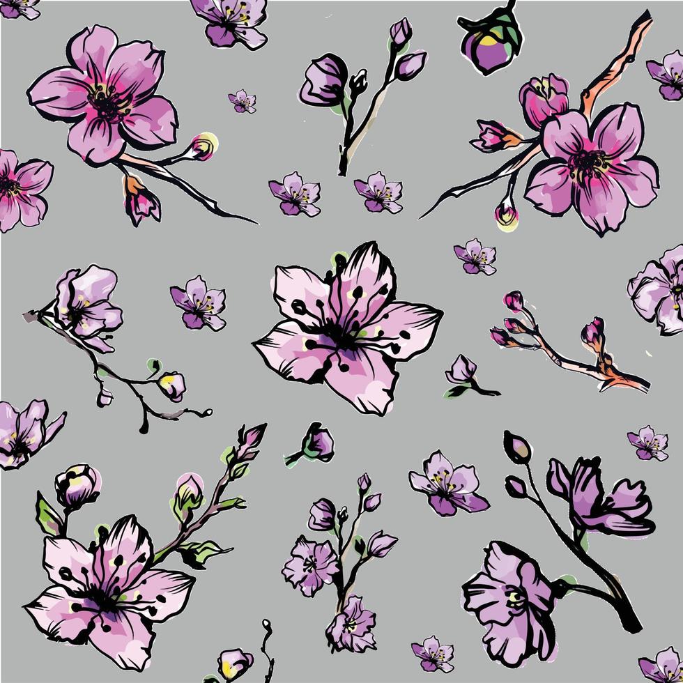 Blooming tree. Seamless background with flowers. Spring flower texture. Hand drawing botanical vector illustration. White cherry on gray background