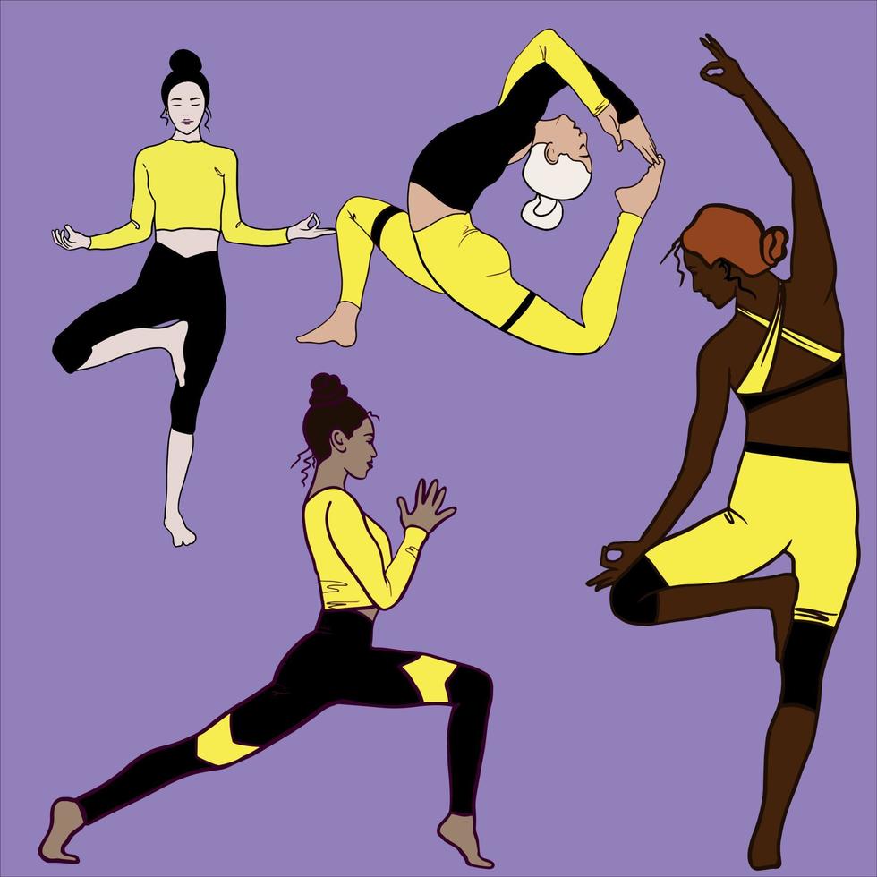 un grupo de chicas realizando asanas de yoga vector