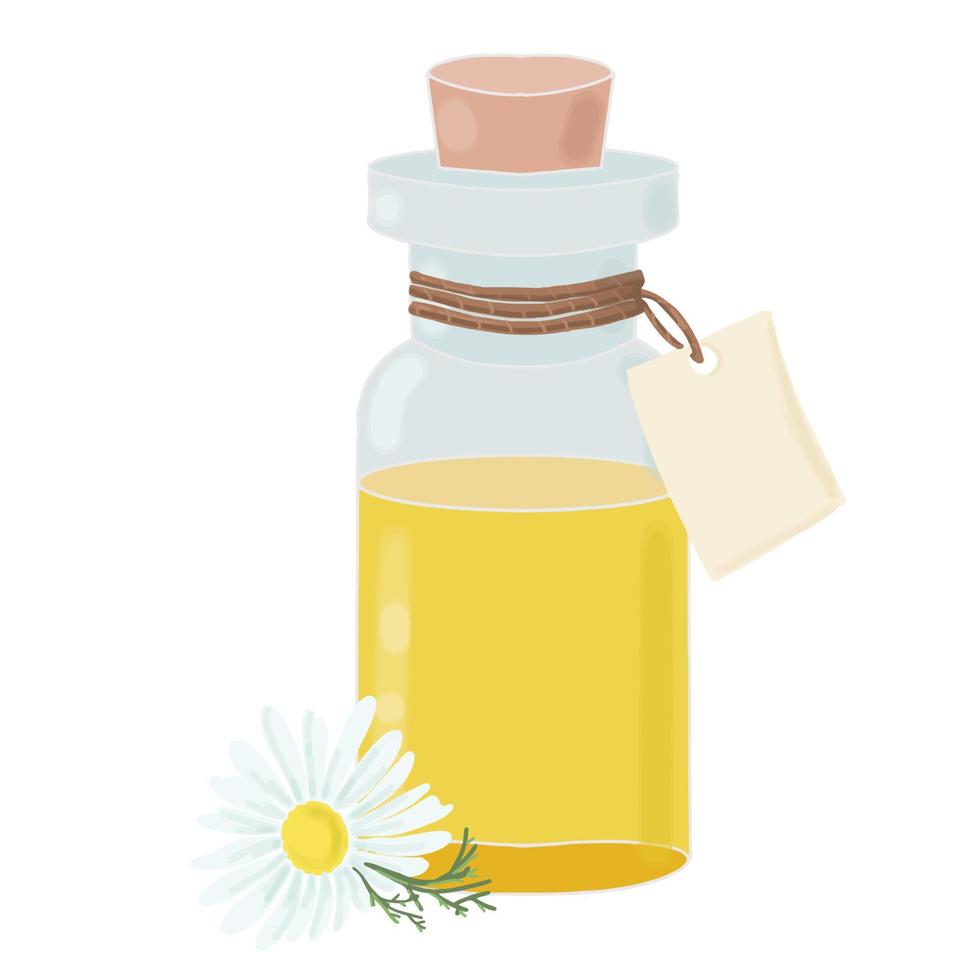 bottle with yellow color essential oil and chamomile flower, cosmetic oil, aromatherapy, tincture, medicine, pharmacy, vector