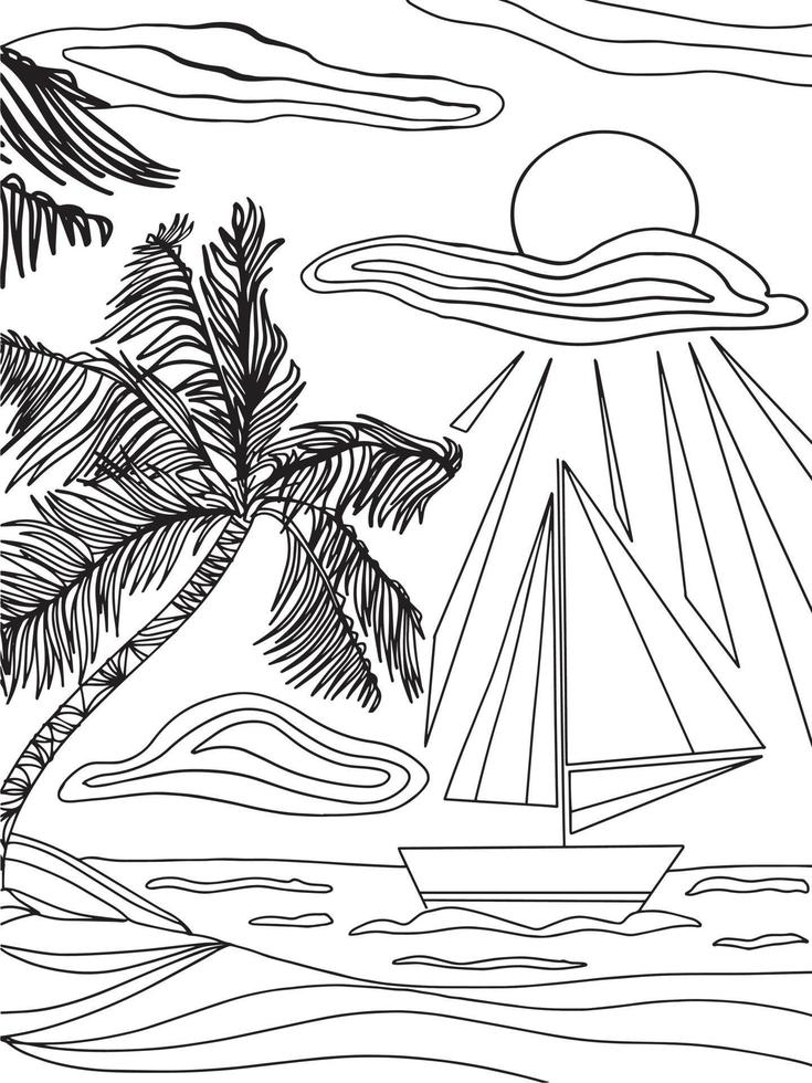 playa soleada con palmeras y océano, vacaciones en el mar, viaje en barco con ilustraciones de velas libro para colorear vector