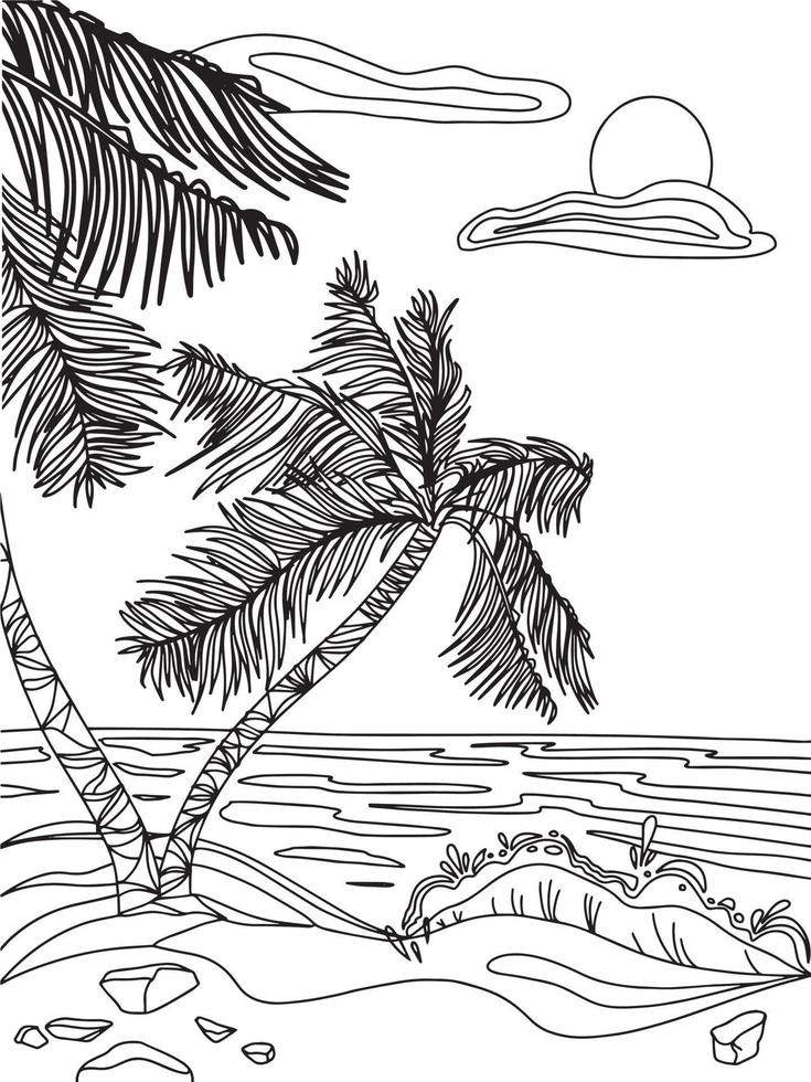 sunny beach with palm trees and ocean, seaside vacation illustration coloring book vector